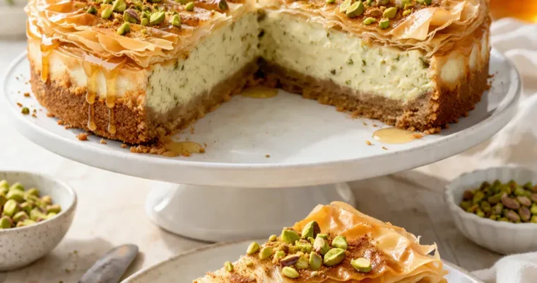 Honig-Pistazien Baklava Cheesecake mit knusprigem Filoteig