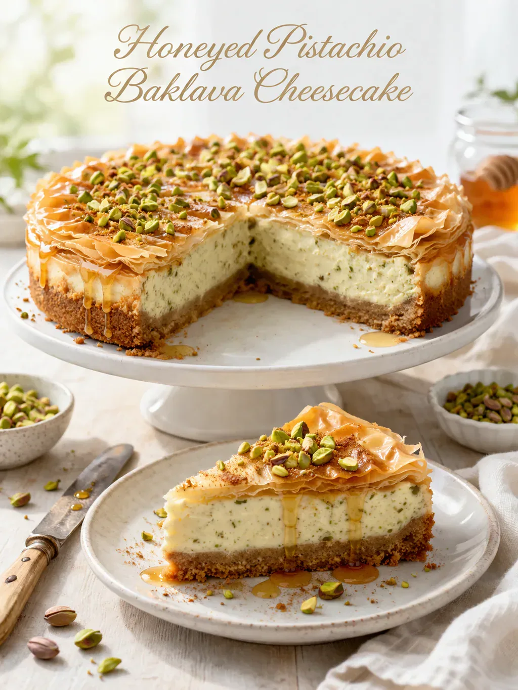 Honig-Pistazien Baklava Cheesecake mit knusprigem Filoteig