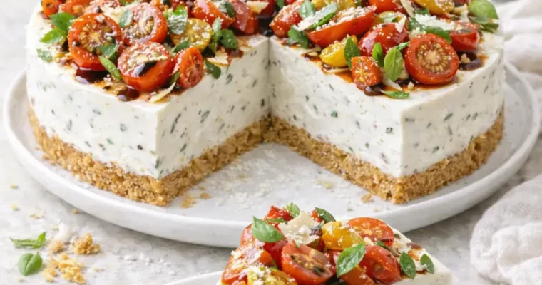 Herzhafter Caprese-Cheesecake mit Tomaten und Basilikum