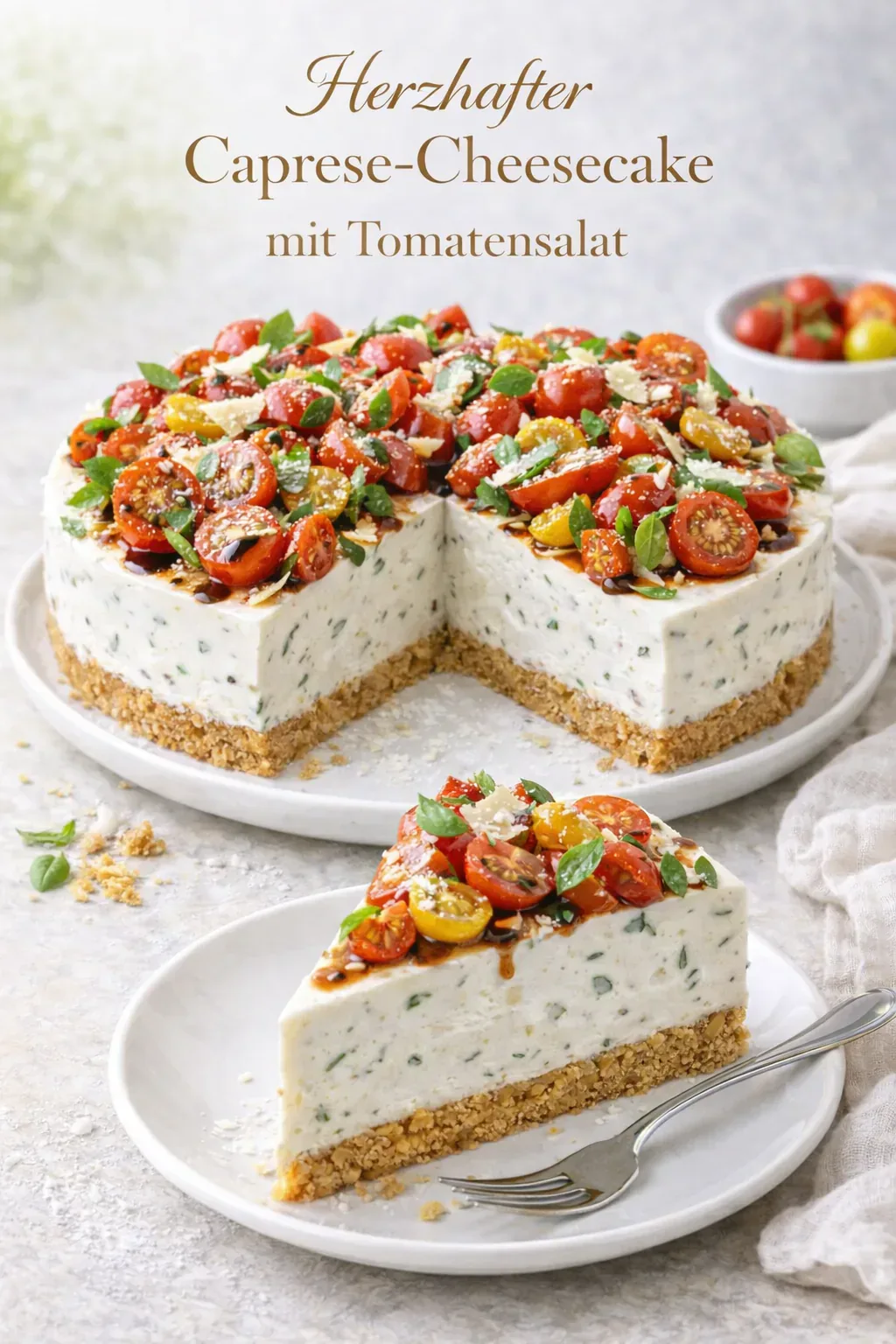 Herzhafter Caprese-Cheesecake mit Tomaten und Basilikum