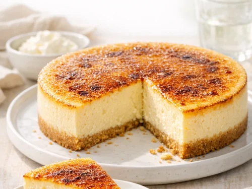 Crème brûlée Cheesecake in einer Springform mit goldbraun karamellisierter Zuckerkruste, cremiger Schnittfläche und hellem Keksboden auf einer Kuchenplatte.