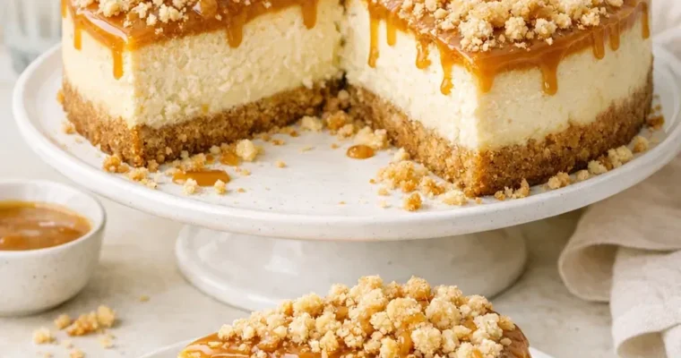 Cremiger Butterscotch Cheesecake mit buttrigem Crumble