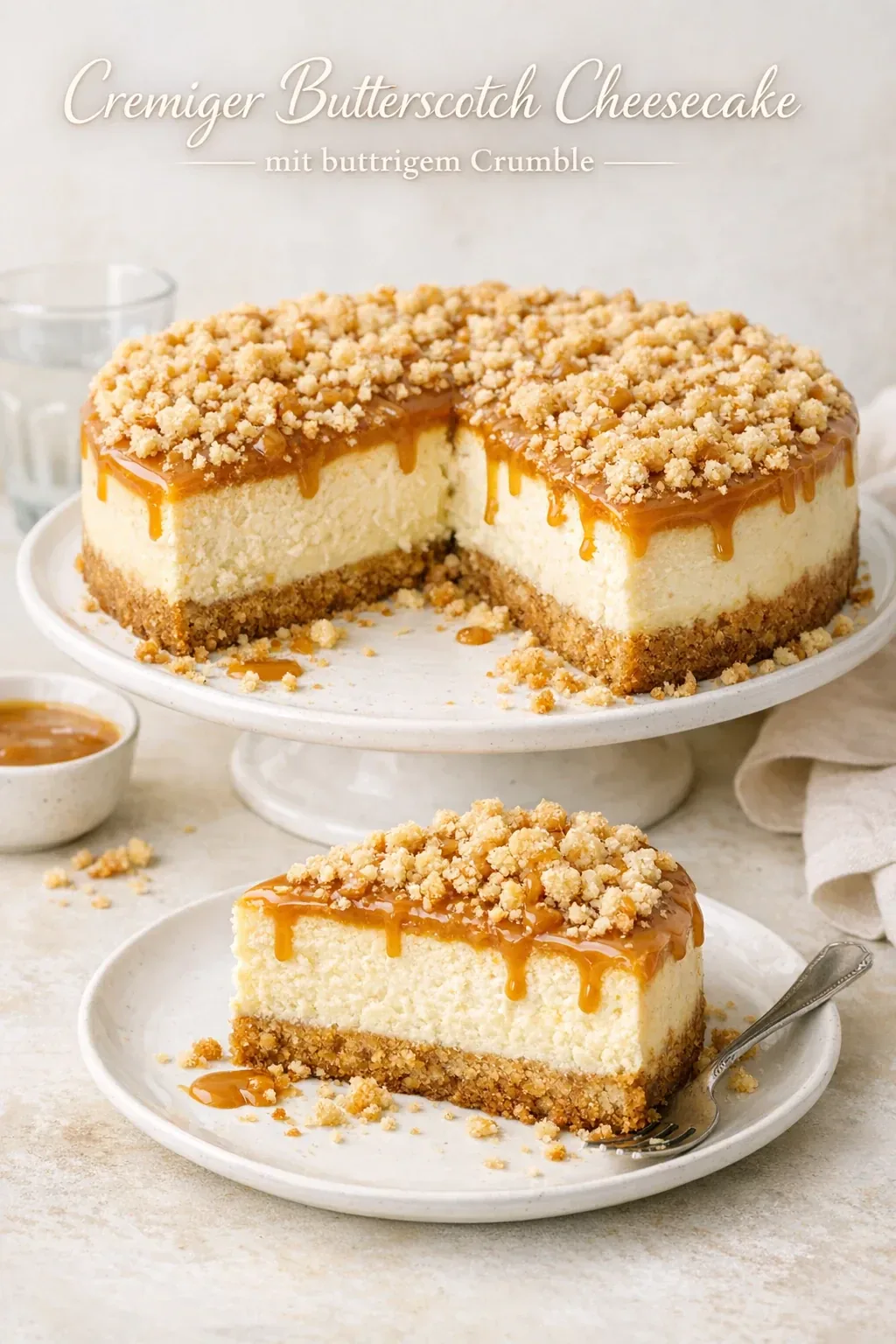 Cremiger Butterscotch Cheesecake mit buttrigem Crumble