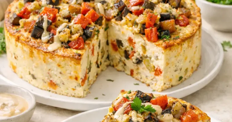 Herzhafter Gemüse-Cheesecake mit Ofengemüse