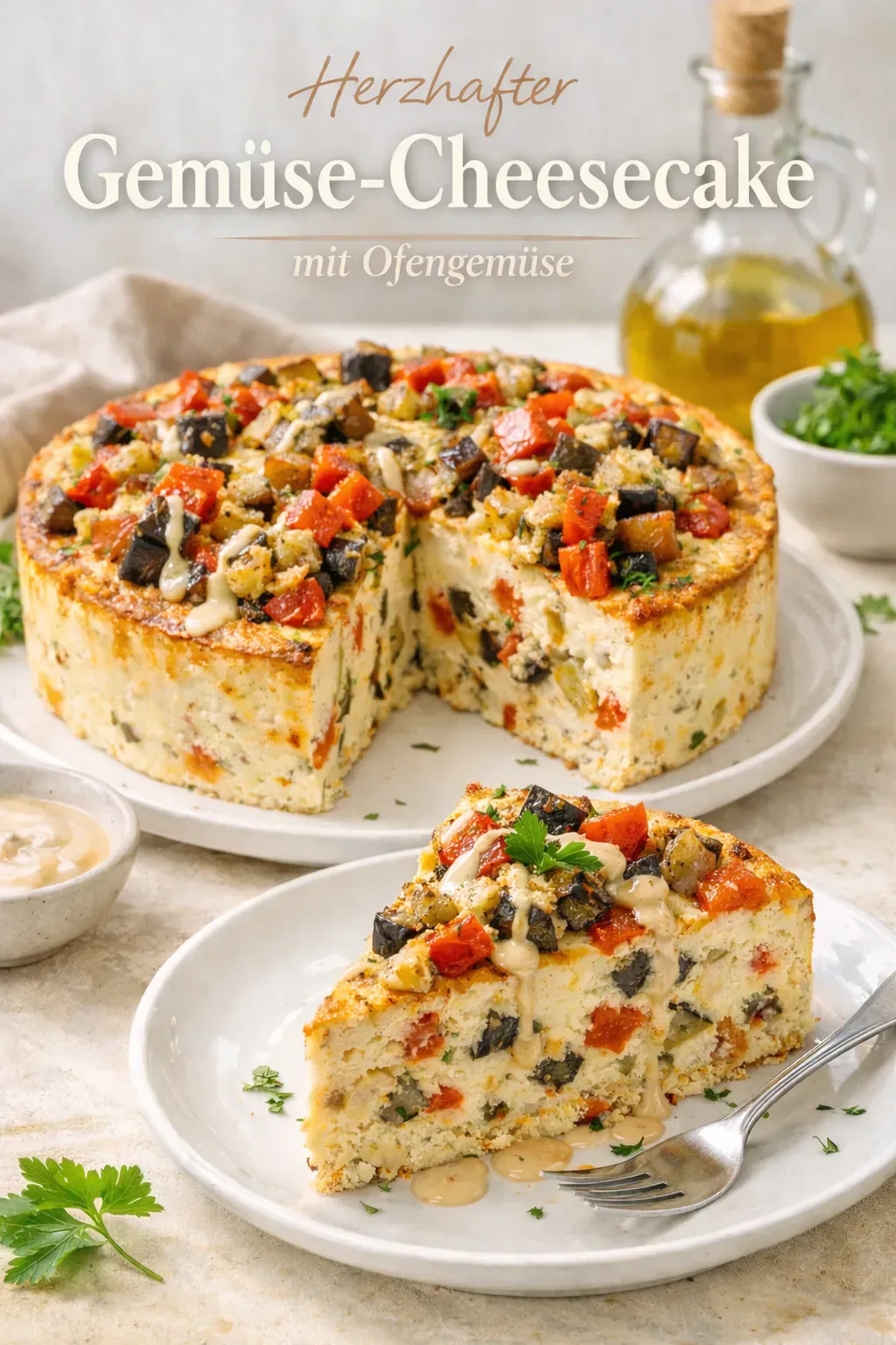 Herzhafter Gemüse-Cheesecake mit Ofengemüse