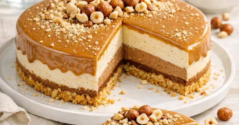 Haselnuss-Trio Cheesecake mit Nougat und weißer Schokolade