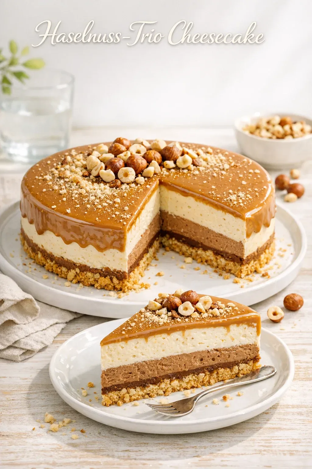 Haselnuss-Trio Cheesecake mit Nougat und weißer Schokolade