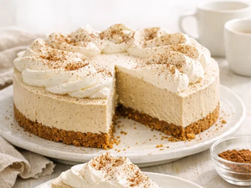 No-Bake Coffee Cheesecake auf einer Tortenplatte mit hellem Sahnetopping, feinem Kakaostaub und goldbraunem Biscoff-Boden, cremig und klar in Stücke geschnitten.
