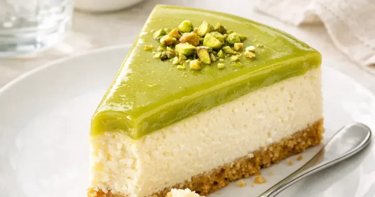 Pistazien-Cheesecake aus dem Ofen mit cremigem Guss
