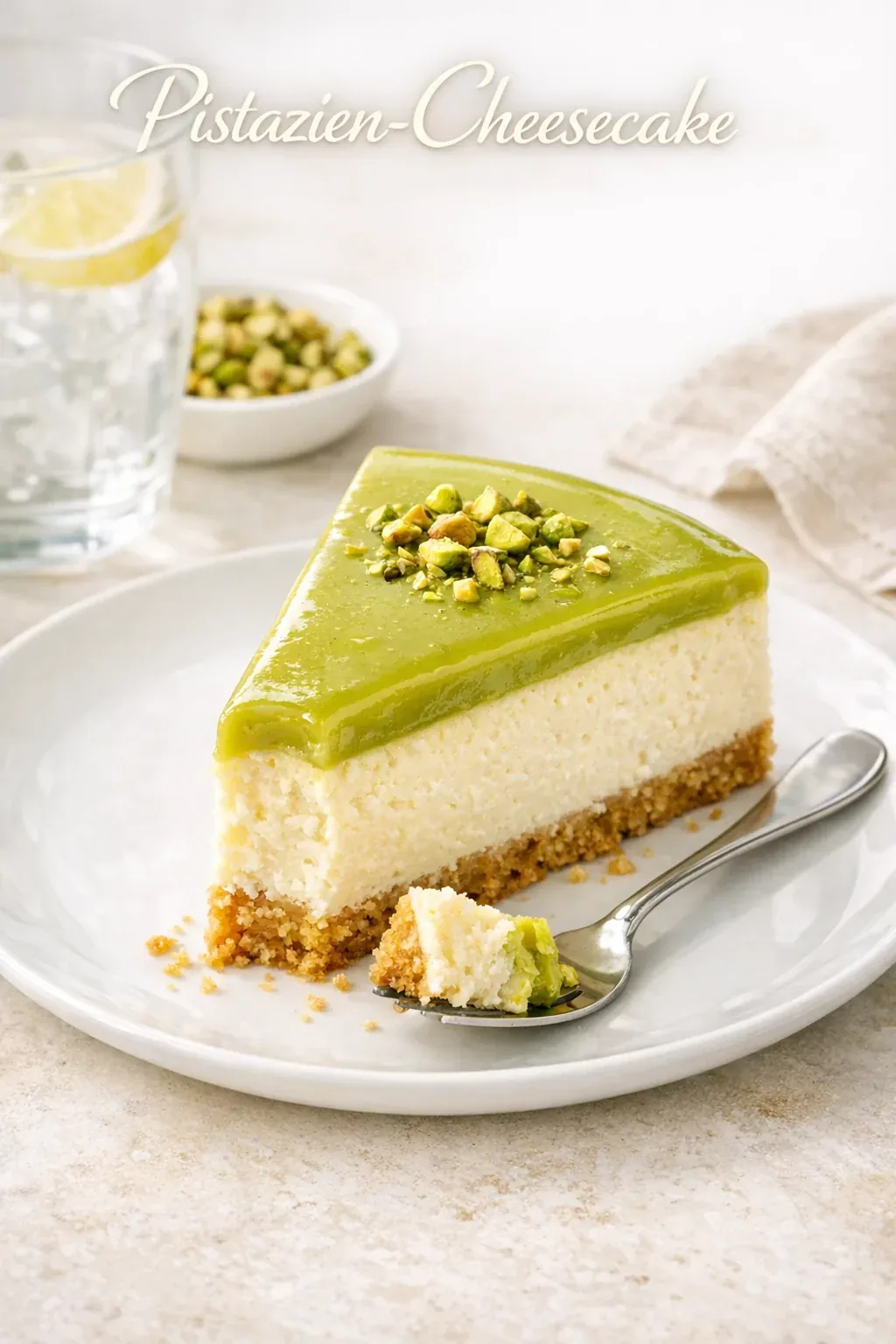 Pistazien-Cheesecake aus dem Ofen mit cremigem Guss