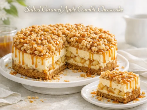 Salted Caramel Apple Crumble Cheesecake auf einer Tortenplatte mit goldenem Streuseltopping, weichen Apfelstückchen und einem glänzenden Drizzle aus gesalzenem Karamell