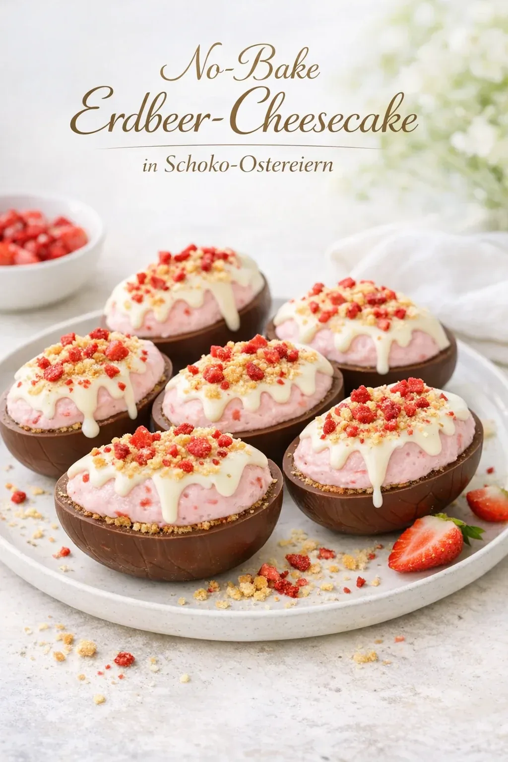 No-Bake Erdbeer-Cheesecake in Schoko-Ostereiern