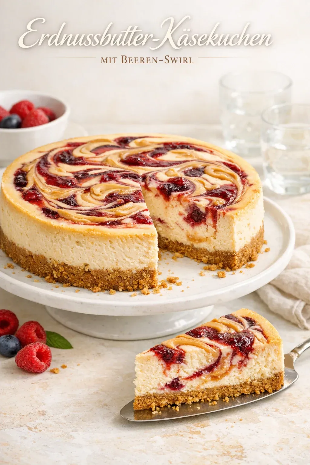 Erdnussbutter-Käsekuchen mit Beeren-Swirl