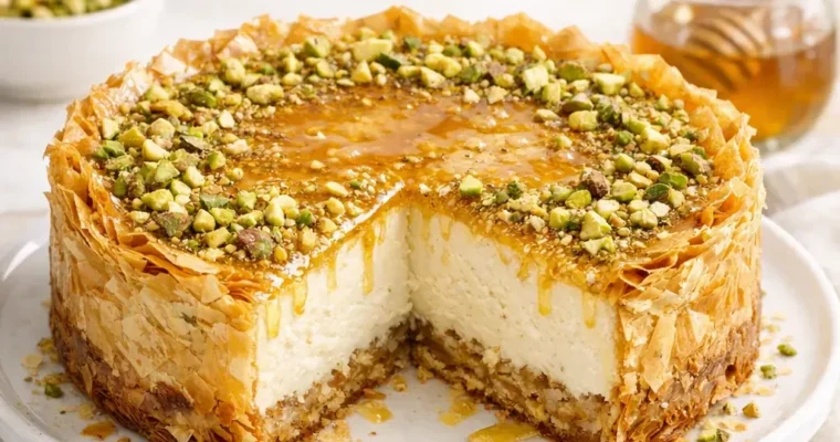 Honig-Pistazien-Baklava Cheesecake mit Filo-Crunch