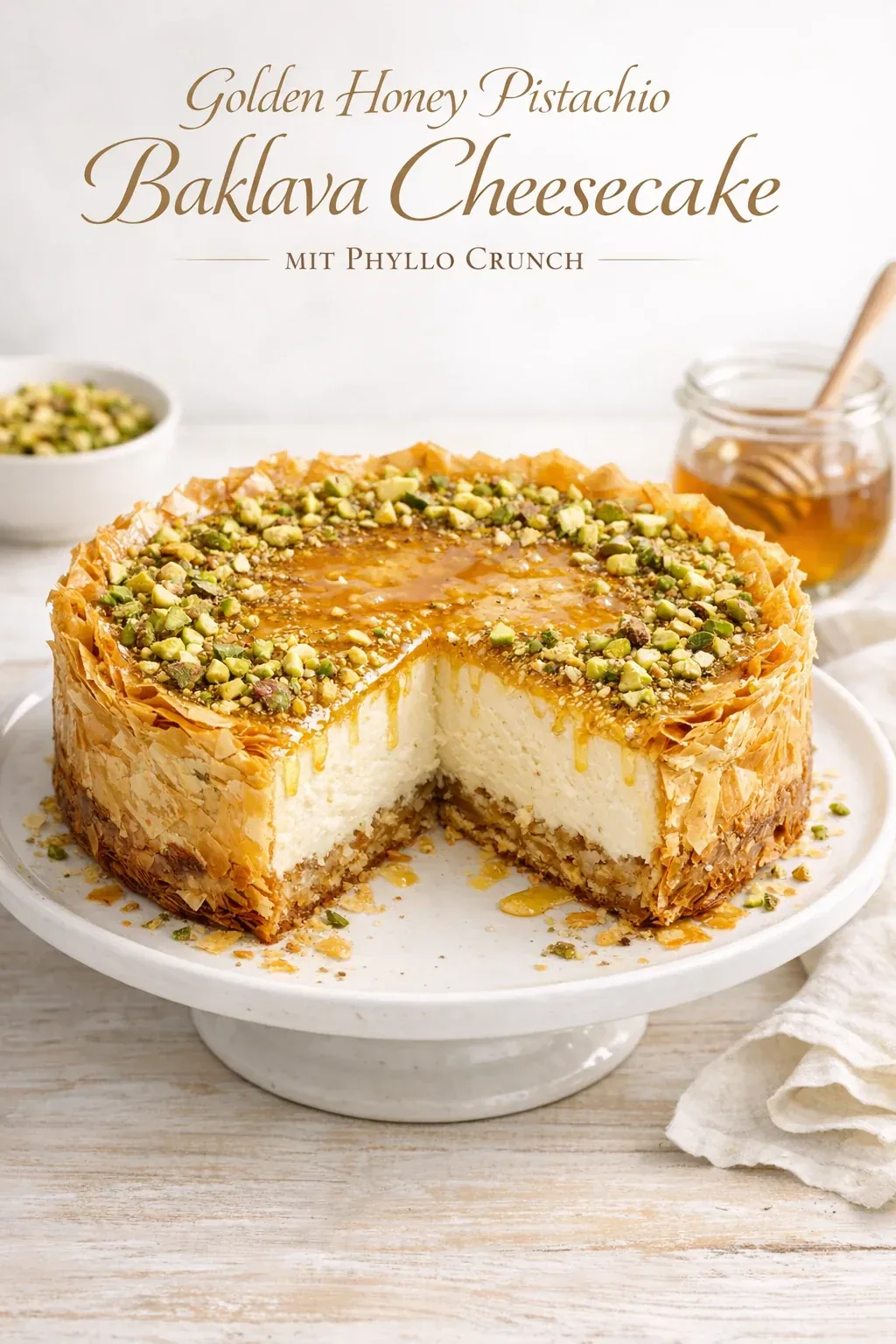 Honig-Pistazien-Baklava Cheesecake mit Filo-Crunch