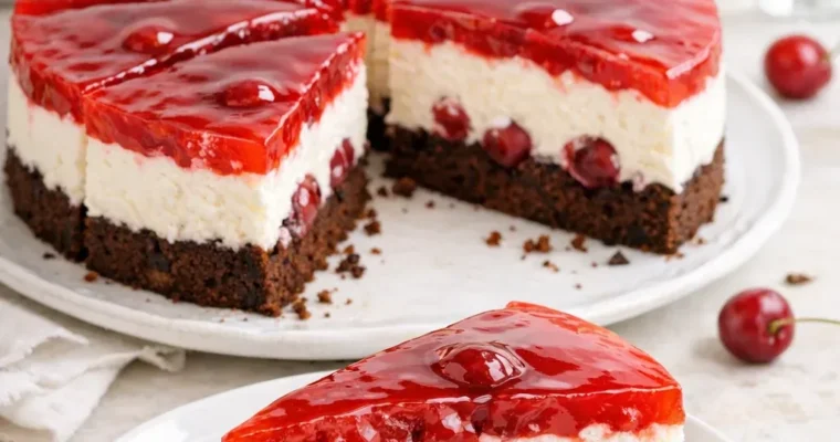 Rotkäppchenkuchen mit Quark, Kirschen und rotem Guss