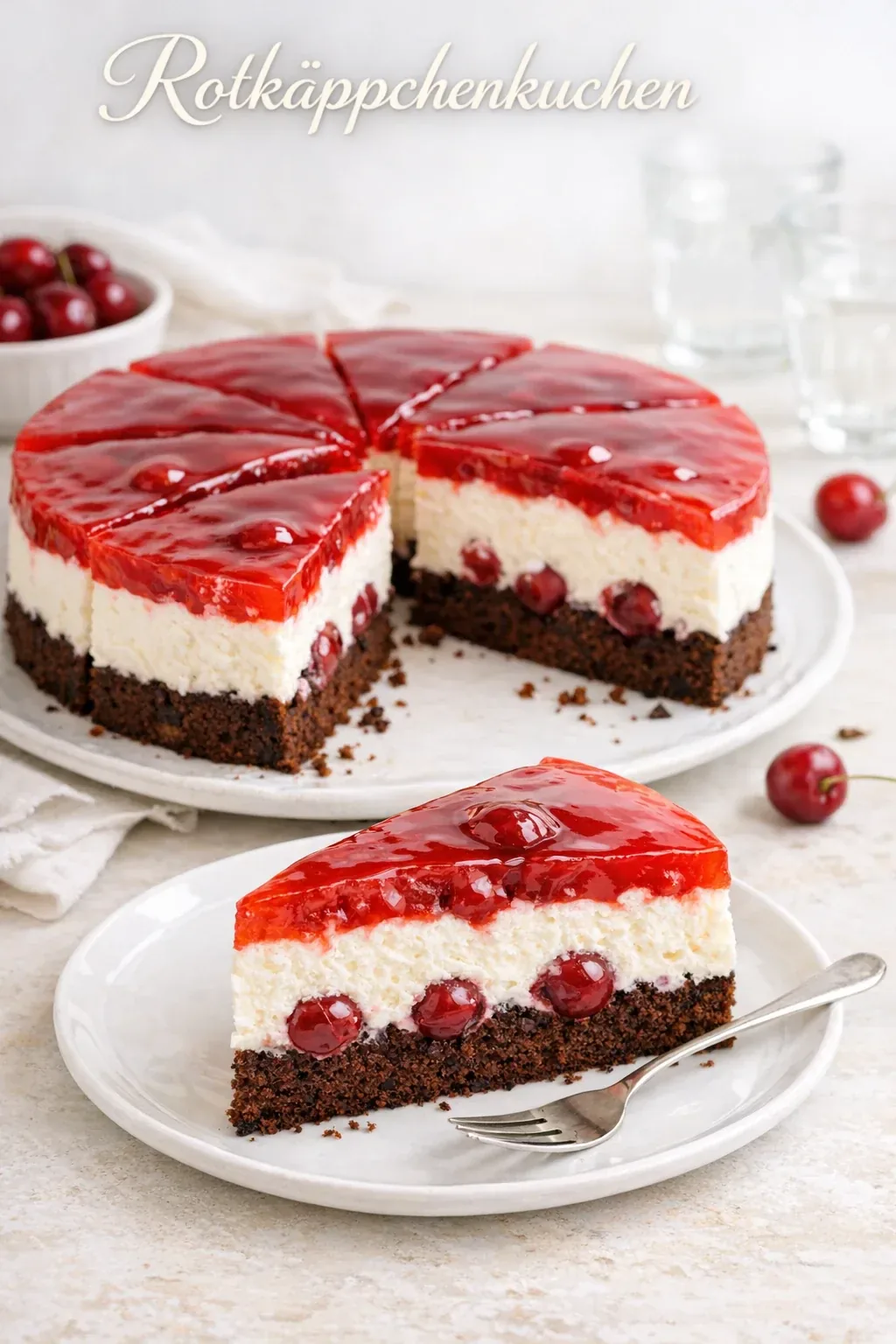 Rotkäppchenkuchen mit Quark, Kirschen und rotem Guss