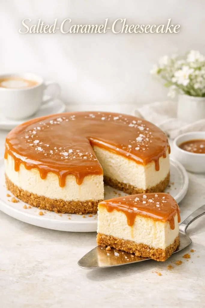 Salted-Caramel-Cheesecake mit glänzendem Karamellguss auf cremiger Quark-Frischkäse-Füllung und goldbraunem Lotus-Keksboden, in Stücke geschnitten auf einer Kuchenplatte.