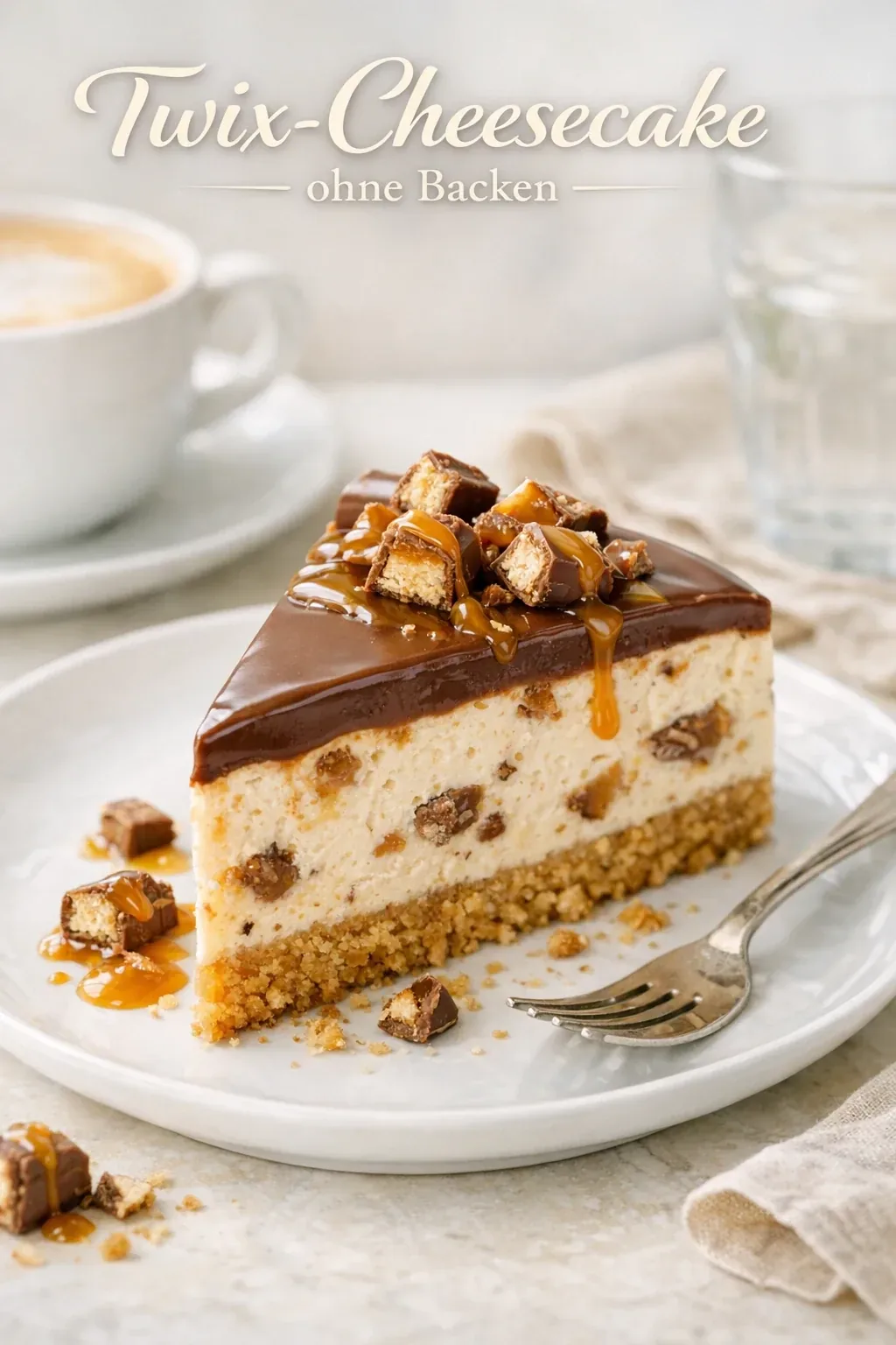 Twix-Cheesecake ohne Backen mit Karamell und Schokolade