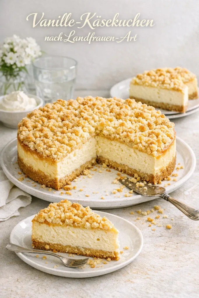 Vanille-Käsekuchen nach Landfrauen-Art mit goldenen Streuseln auf Keksboden, in Stücke geschnitten, cremige Quarkfüllung und leicht gebräunte Oberfläche