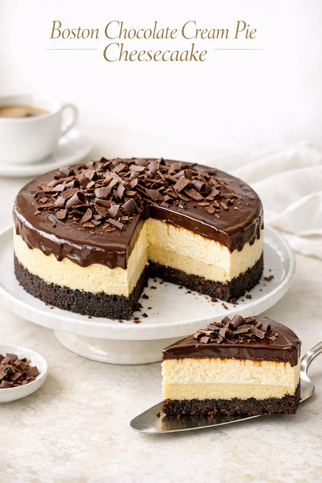 Boston Chocolate Cream Pie Cheesecake mit Vanillecreme und Ganache