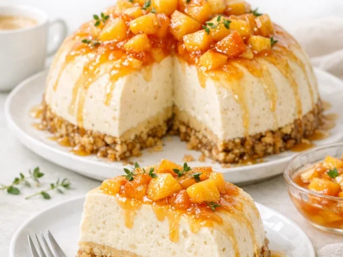Pfirsich-Tahini-Cheesecake ohne Backen als gestürzter Kuppelkuchen mit Pfirsich-Topping, Thymian und glänzendem Pfirsichsirup auf einer Servierplatte