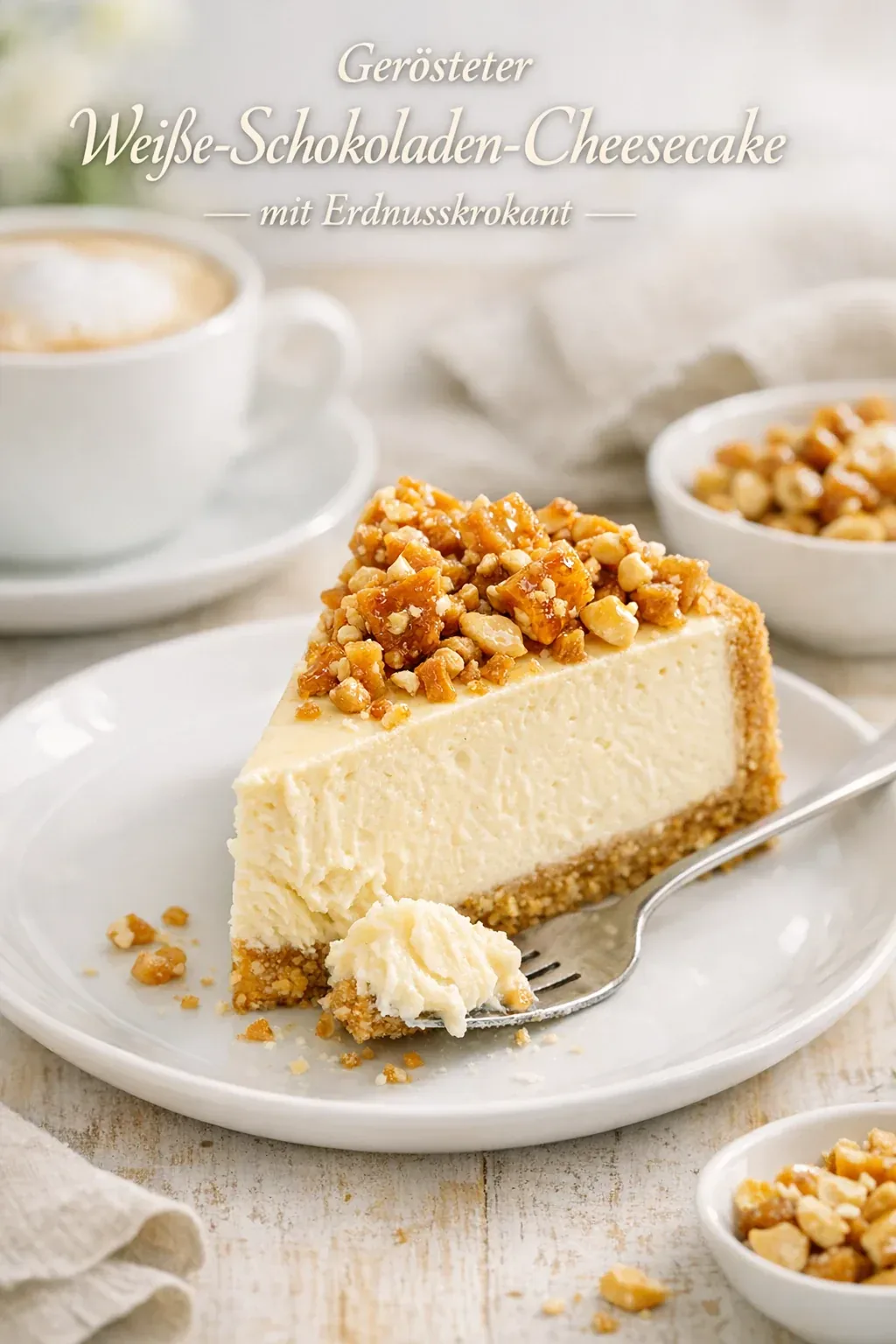 Cheesecake mit gerösteter weißer Schokolade und Erdnusskrokant