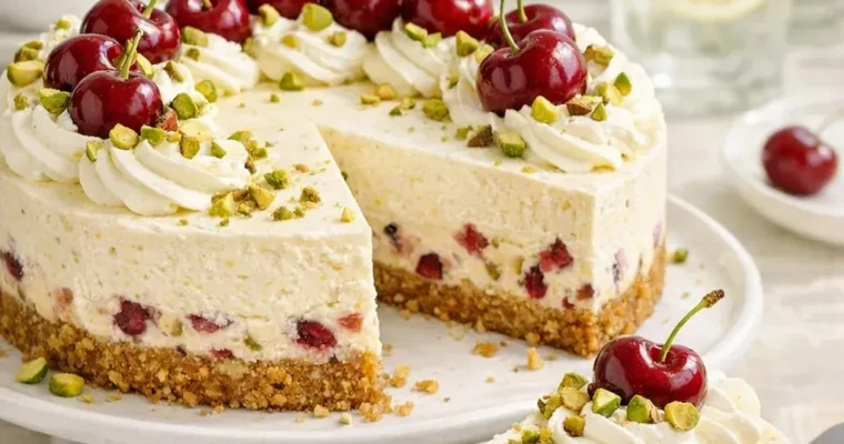 Zitronen-Limetten-Cheesecake mit Kirschen und Pistazien