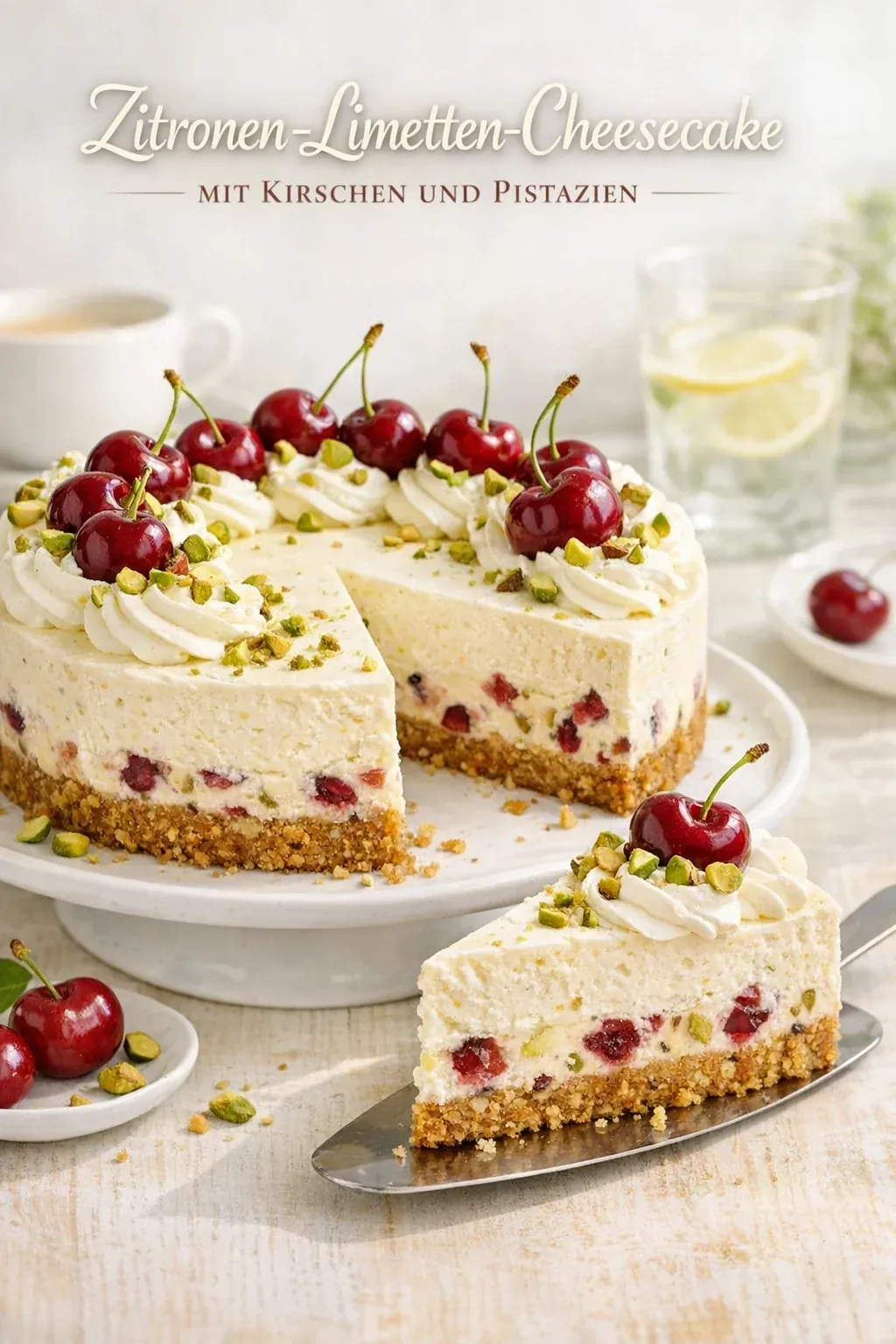 Zitronen-Limetten-Cheesecake mit Kirschen und Pistazien