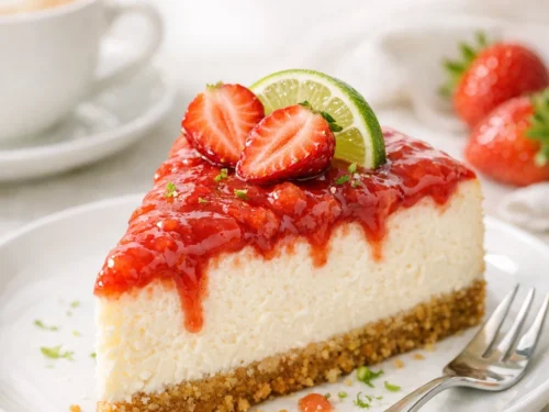 Erdbeer-Cheesecake mit Limette auf einer Kuchenplatte, mit rotem Erdbeerguss, cremiger Frischkäsefüllung und goldbraunem Keksboden, frisch und sommerlich angeschnitten.