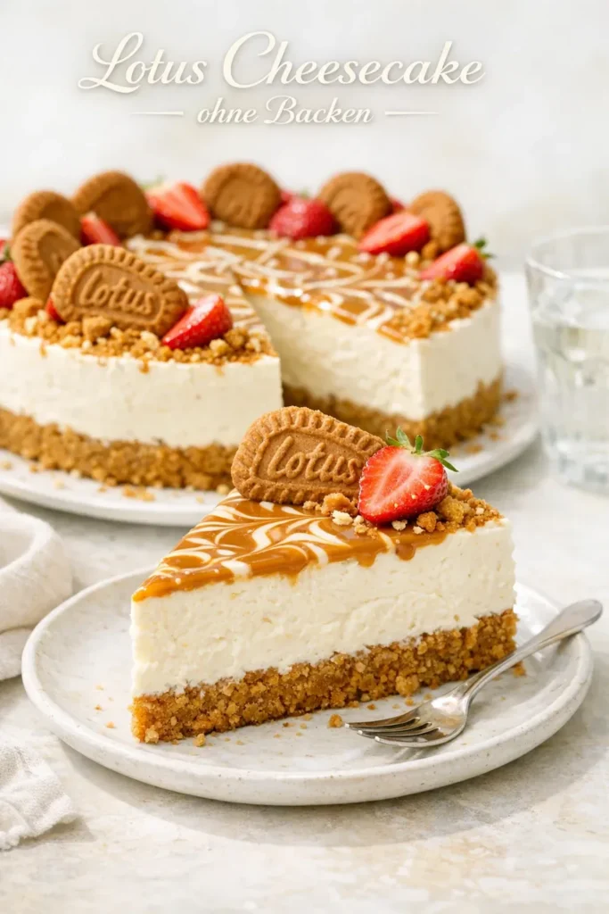 Lotus Cheesecake ohne Backen mit cremiger Füllung, Lotus-Topping, hellem Muster, Keksrand, halbierten Lotus Keksen und Erdbeeren auf der Oberfläche