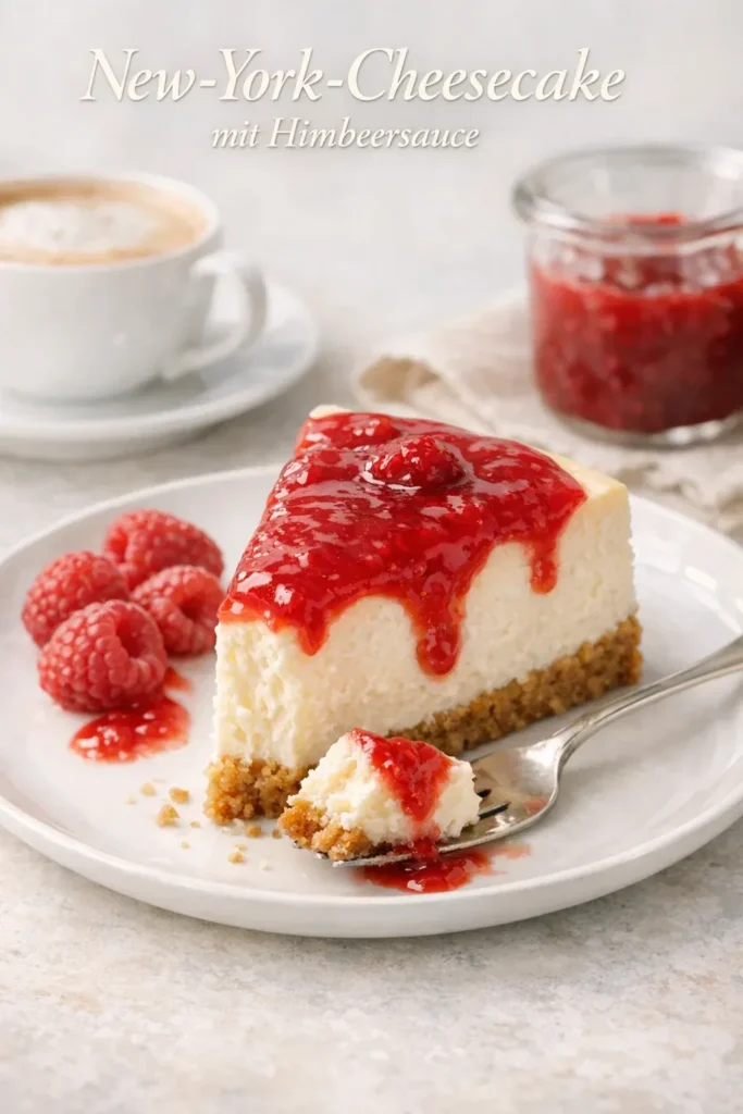 New-York-Cheesecake mit Himbeersauce auf einem hellen Teller, mit goldbraunem Keksboden, cremiger heller Füllung und glänzender roter Himbeersauce