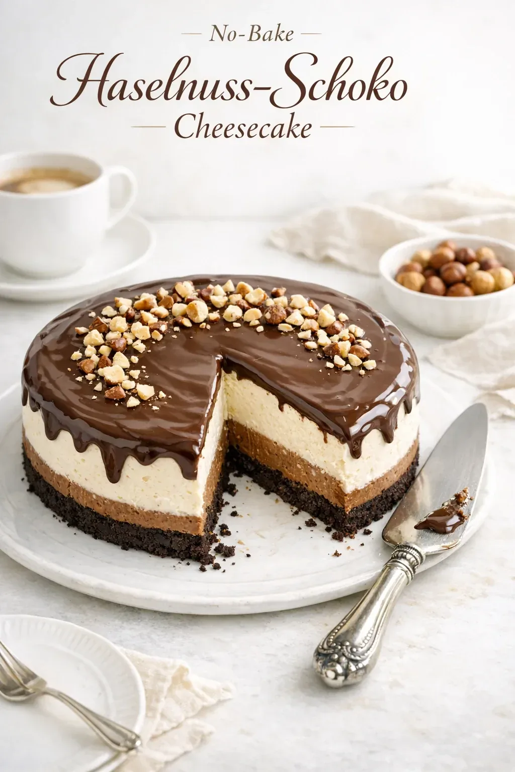 No-Bake Haselnuss-Schoko Cheesecake mit cremiger Nougat-Schicht