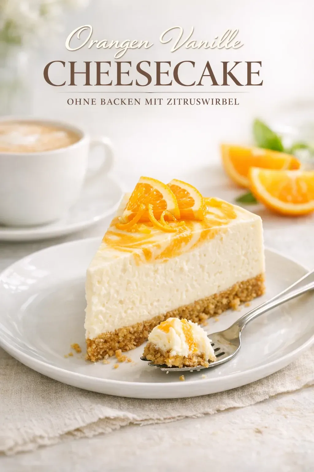 Orangen Vanille Cheesecake ohne Backen mit Zitruswirbel