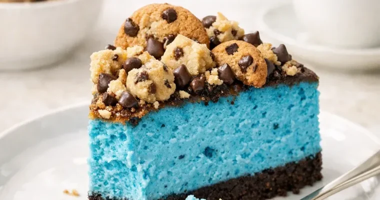 Cookie Monster Cheesecake mit weißer Schokolade und Keksboden