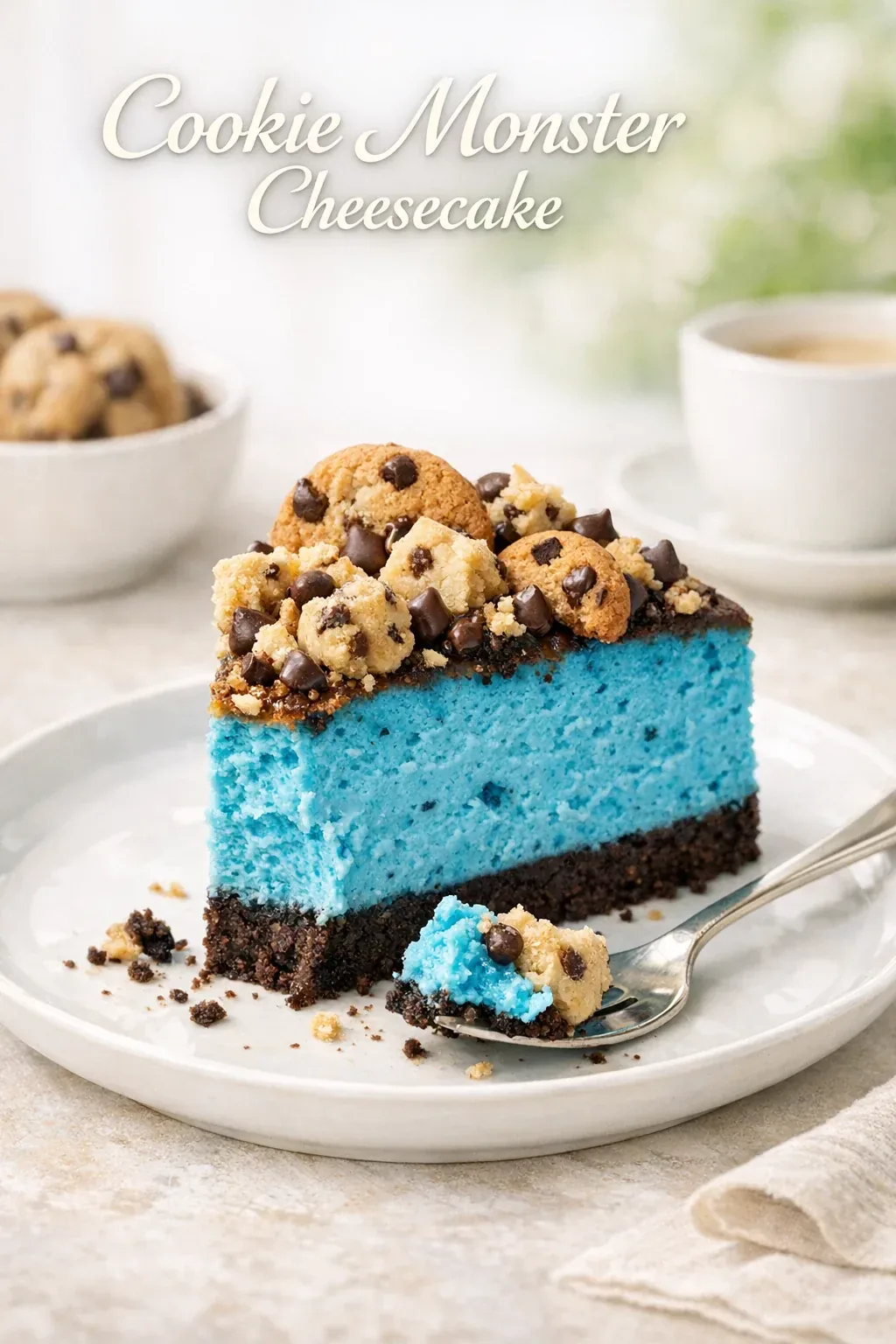 Cookie Monster Cheesecake mit weißer Schokolade und Keksboden