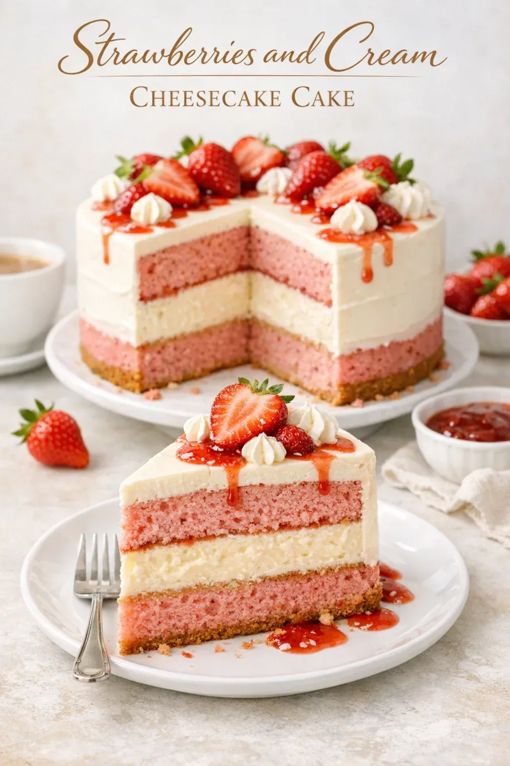 Strawberries and Cream Cheesecake Cake