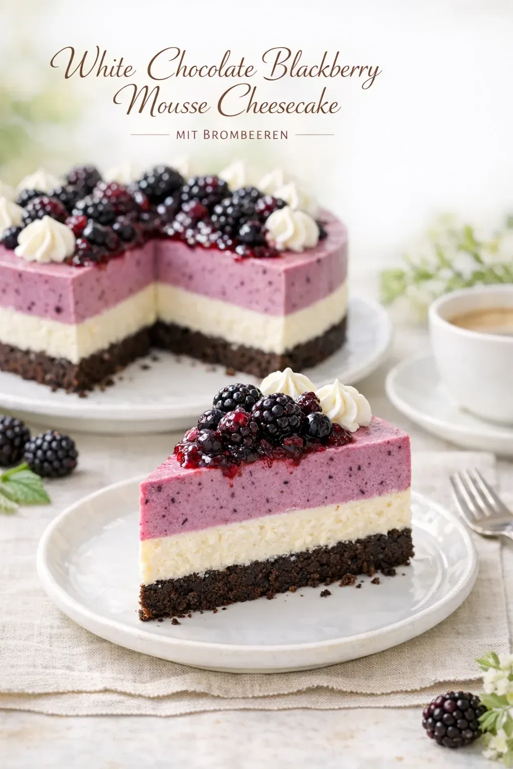 White Chocolate Blackberry Mousse Cheesecake mit Brombeeren