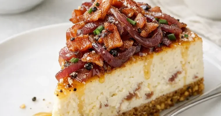 BBQ Bacon Cheesecake vom Grill mit roten Zwiebeln und Ahornsirup