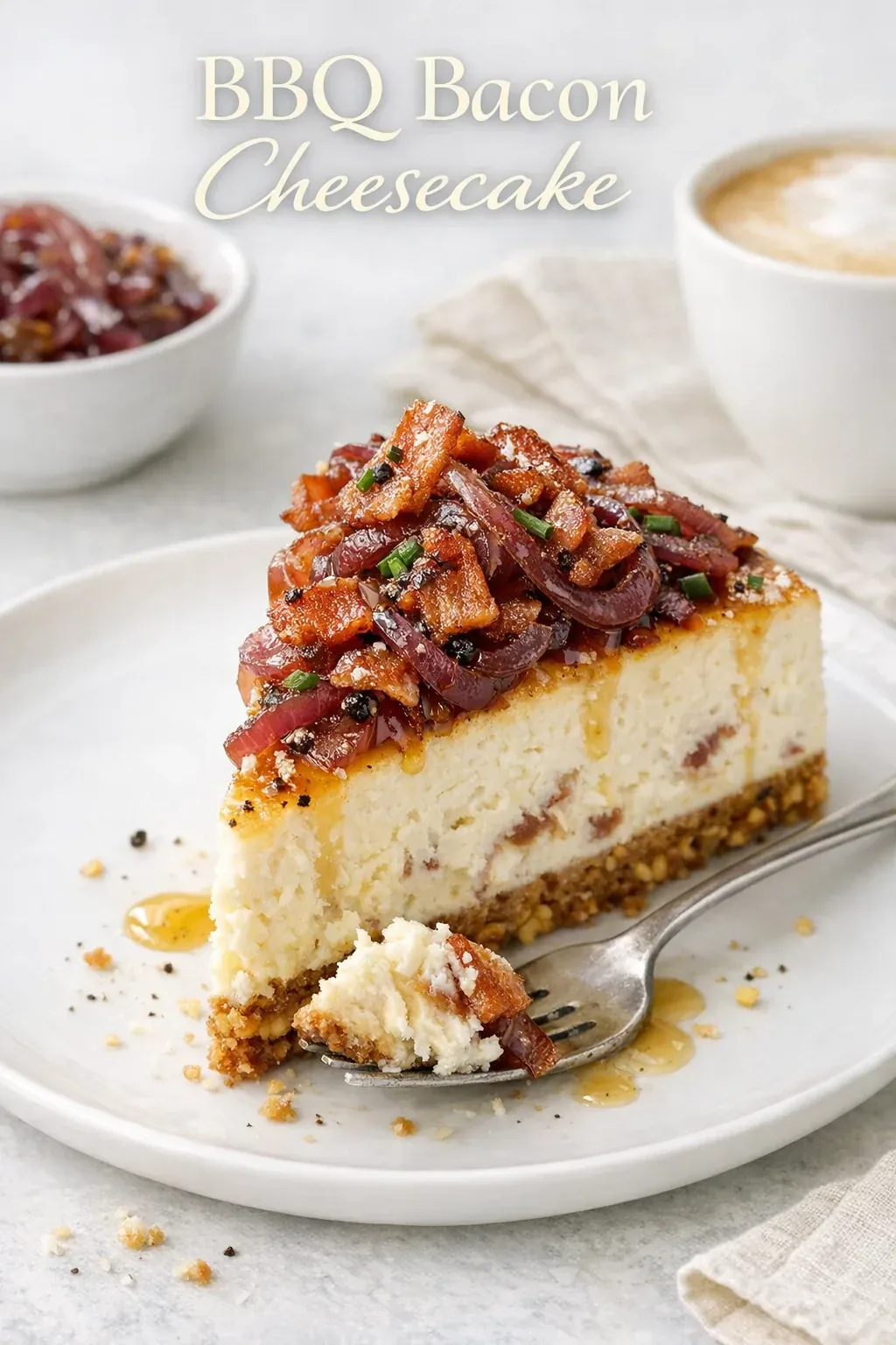 BBQ Bacon Cheesecake vom Grill mit roten Zwiebeln und Ahornsirup