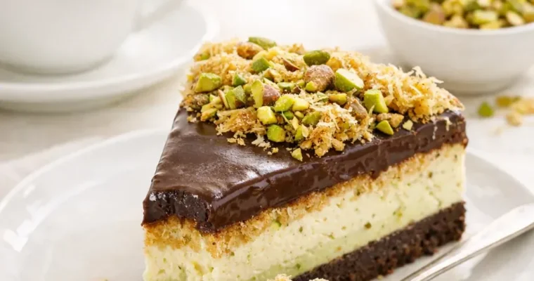 Dubai-Cheesecake mit Pistaziencreme und knusprigem Kadayif