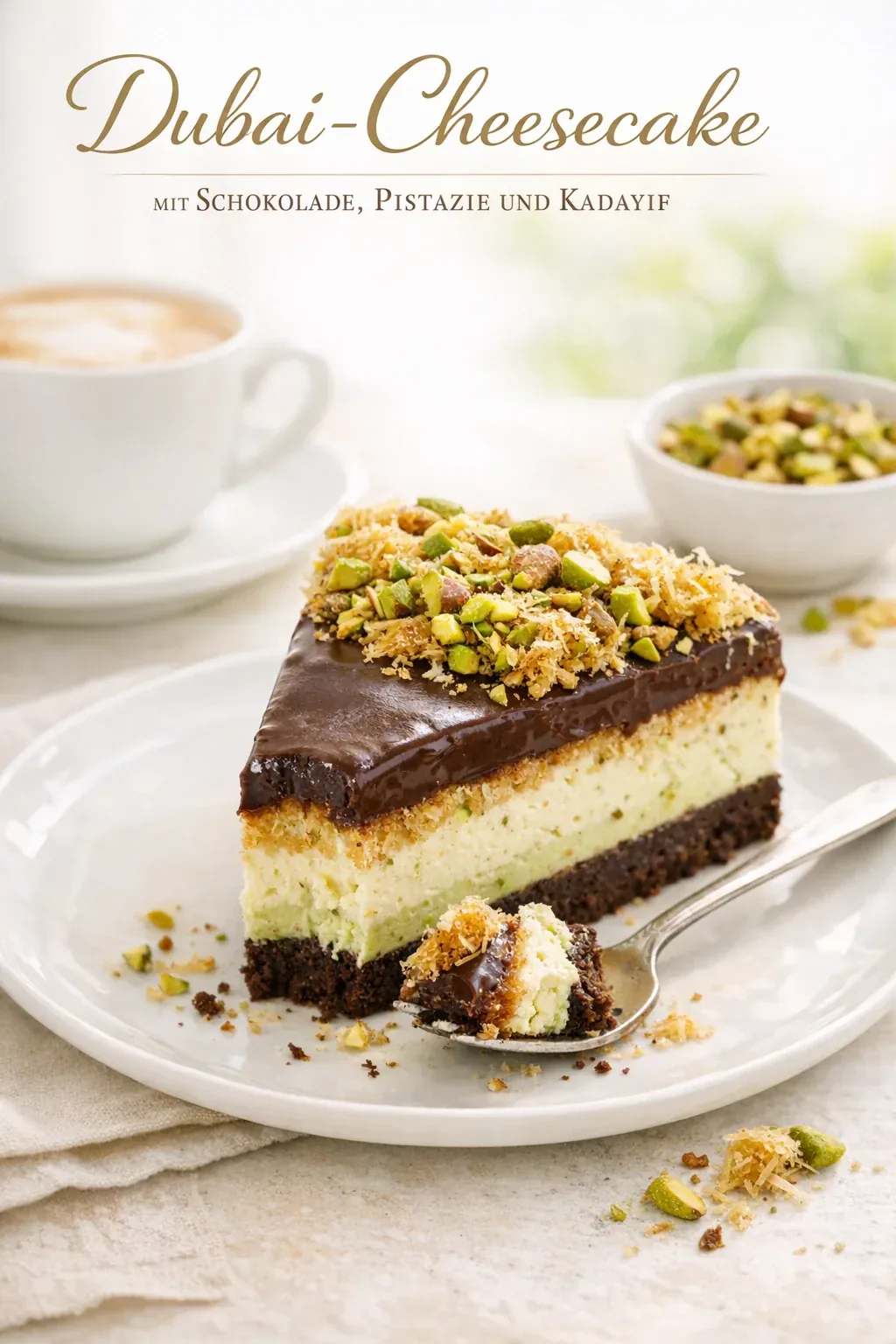 Dubai-Cheesecake mit Pistaziencreme und knusprigem Kadayif