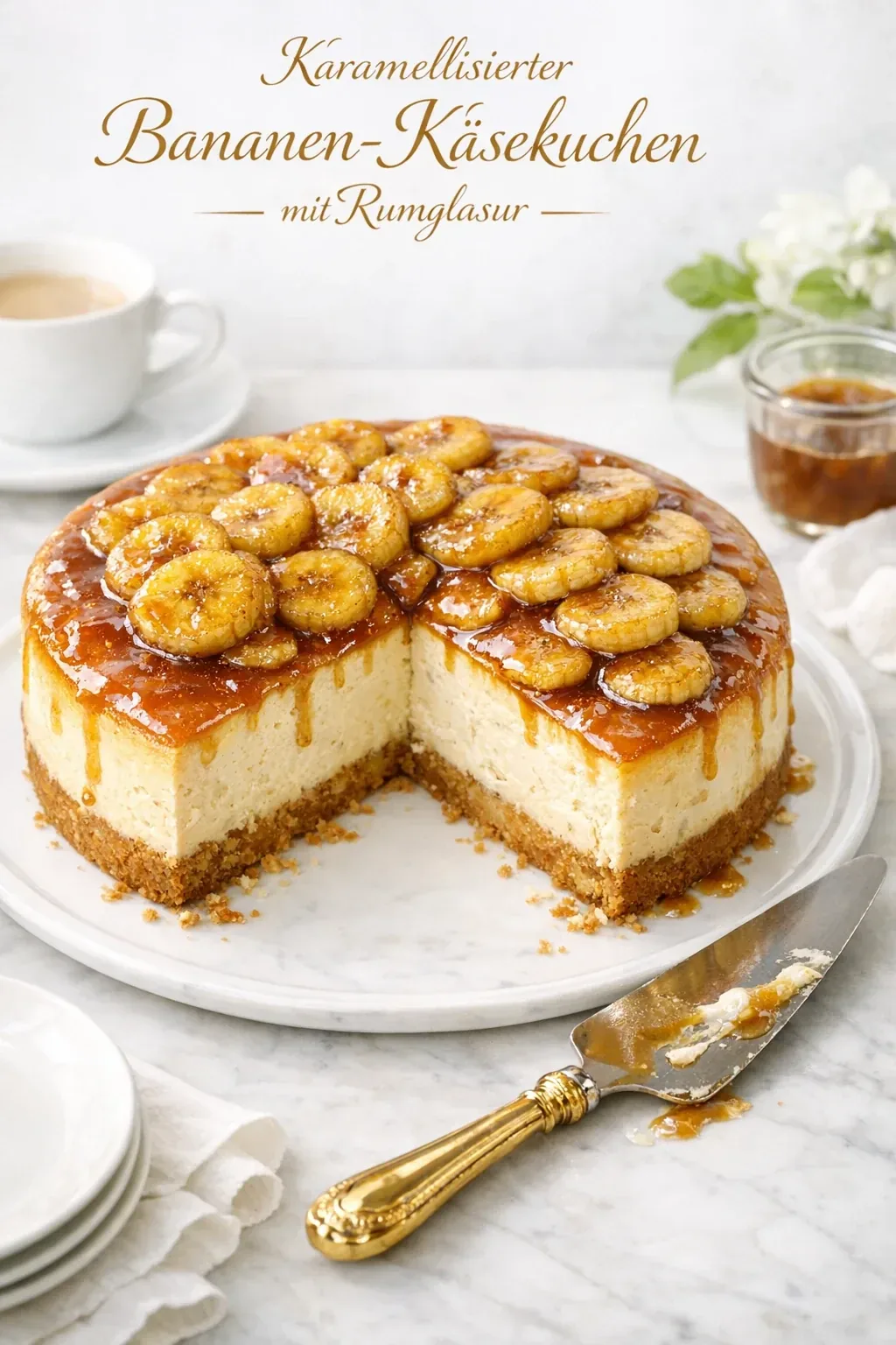 Karamellisierter Bananen-Käsekuchen mit Rumglasur