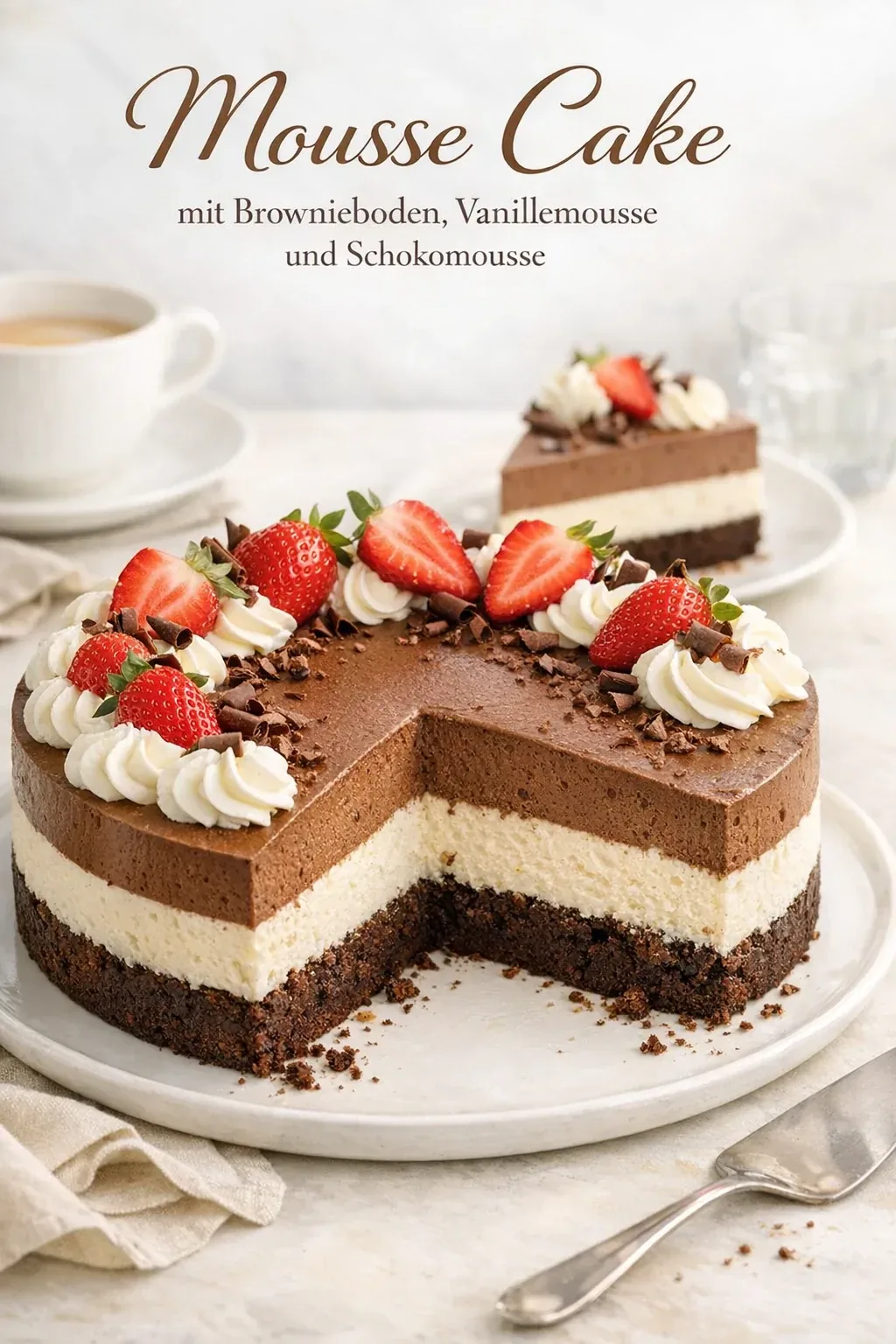 Mousse Cake mit Brownieboden, Vanillemousse und Schokomousse