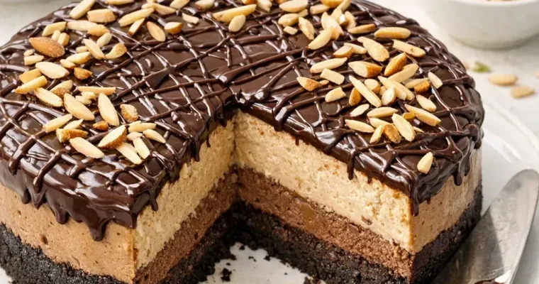 Mocha Almond Fudge Cheesecake mit Espresso, Schokolade und Mandeln