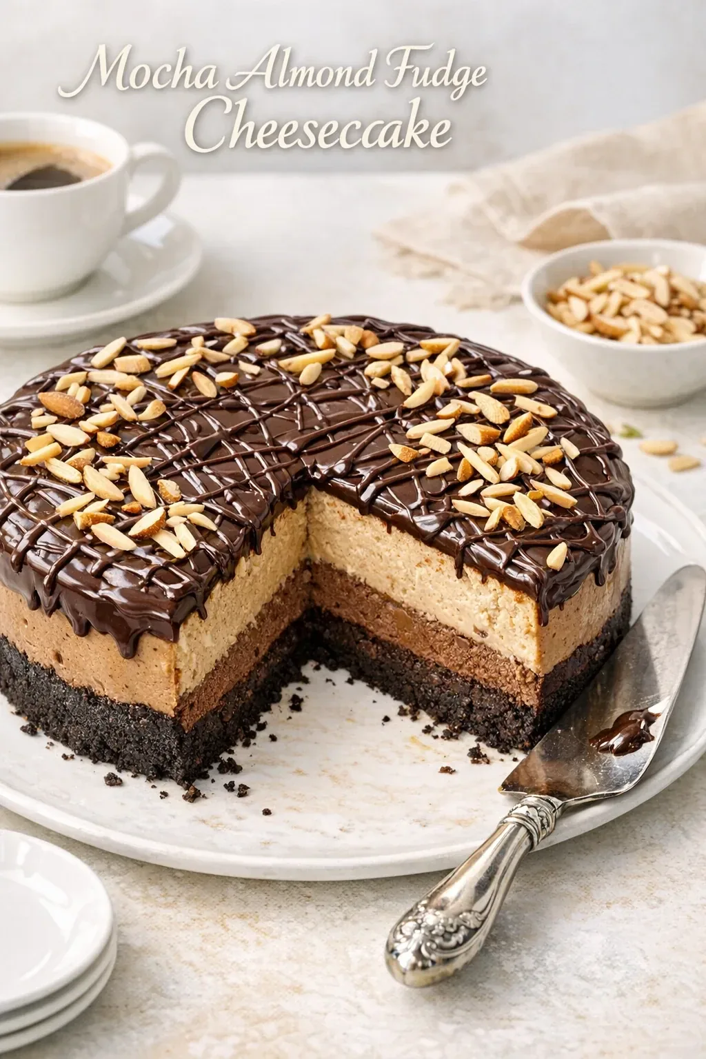 Mocha Almond Fudge Cheesecake mit Espresso, Schokolade und Mandeln