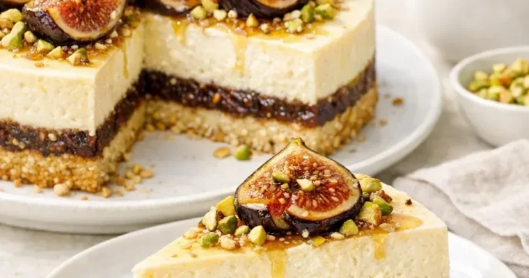 Sesam-Dattel-Cheesecake mit Feigen, Honig und Pistazien