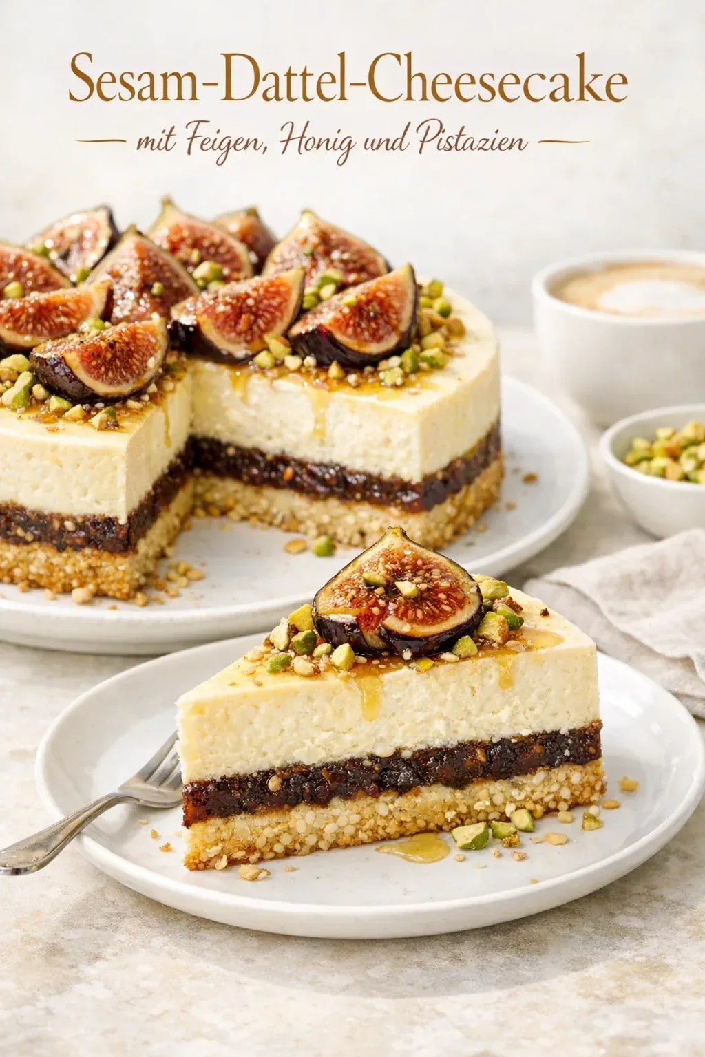 Sesam-Dattel-Cheesecake mit Feigen, Honig und Pistazien