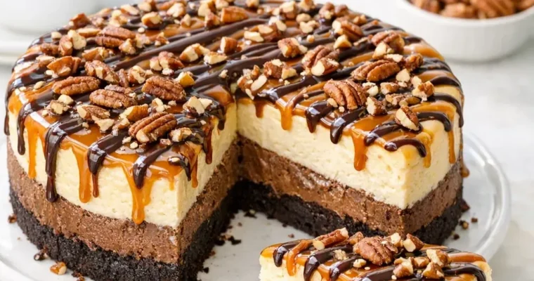 Turtle Cheesecake mit Karamell, Pekannüssen und Schokolade