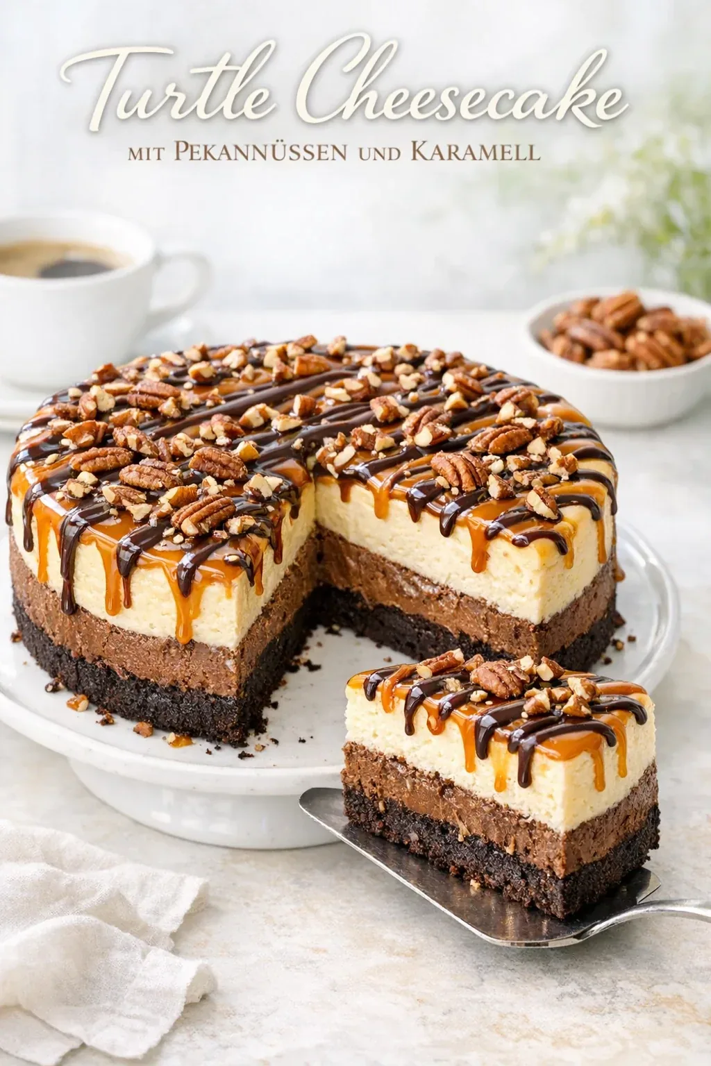 Turtle Cheesecake mit Karamell, Pekannüssen und Schokolade
